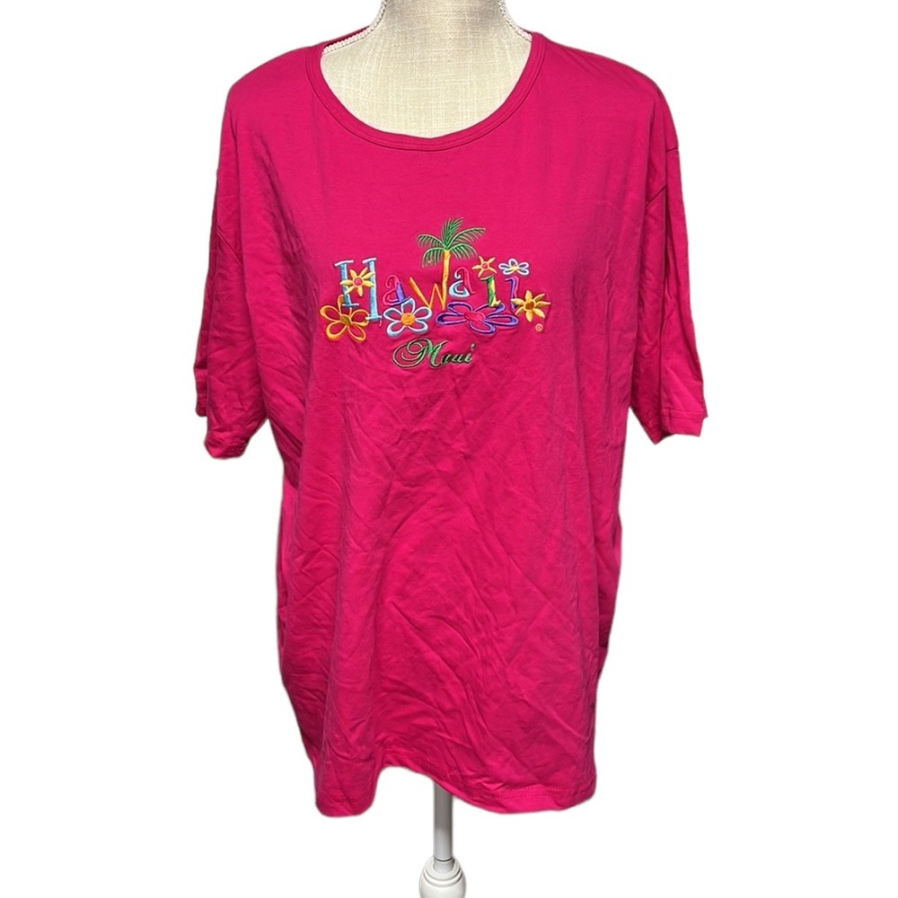 Aloha Short Sleeve Shirt Hawaii Maui Embroidered Pink Blue Womens Size XL